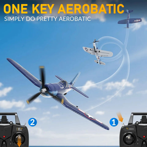 RC Planes For Adults With 4 Channel RTF F4U Corsair Fighters performing aerobatic move, remote controls shown, outdoor sky.