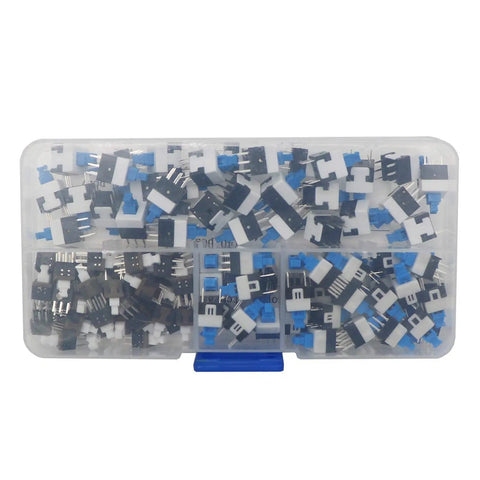 80 Piece DPDT Self Locking 6 Pin Micro Push Button Switch Set, organized in a plastic case with various sizes visible