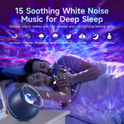 Couple sleeping with Upgrade Star Galaxy Projector Night Light casting galaxy colors and playing white noise for deep sleep
