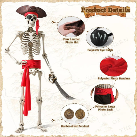 Badass Five Piece Pirate Costume Accessory Set For Men with faux leather tricorn hat, red bandana, and polyester eye patch.