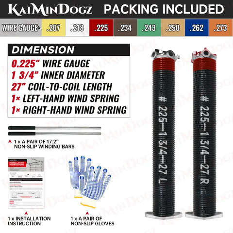 Pair Of 0.225 Inch Wire Size 1.75 Inch Inside Diameter 27 Inch Length Garage Door Torsion Springs Set With Non Slip Winding Bars And Gloves