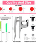 Snaps And Snap Pliers Set With 1440 T5 Plastic Buttons, 360 Sets, Includes 10 Sewing Clips And 1 Measuring Tape, Pro Grade Snap Fasteners Kit displaying various tools and buttons in different sizes and colors.