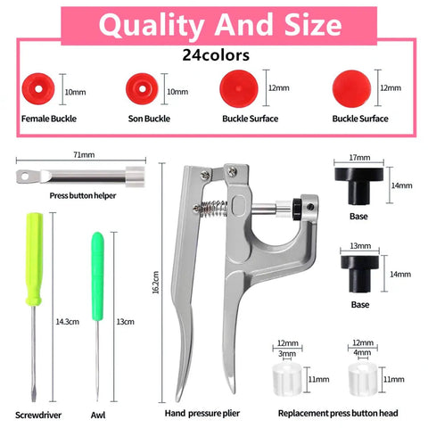 Snaps And Snap Pliers Set With 1440 T5 Plastic Buttons, 360 Sets, Includes 10 Sewing Clips And 1 Measuring Tape, Pro Grade Snap Fasteners Kit displaying various tools and buttons in different sizes and colors.