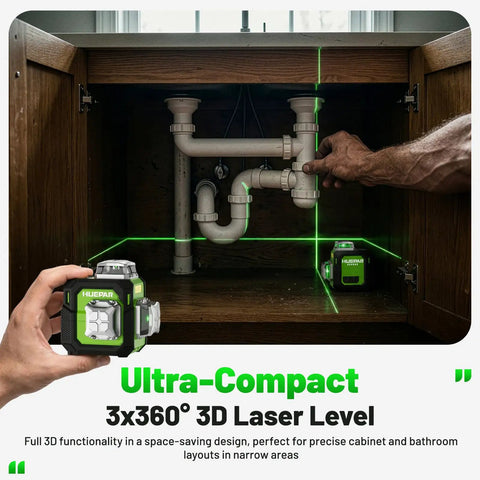 3D Laser Level With 360 Degree Green Laser, Self Leveling ST03CG, Kicks Out 3x360 Degree Coverage For A Full Room Layout On Floors, Walls, And Ceilings, Fast Line Switching, Dead-On Vertical And Horizontal Alignment, compact laser level in cabinet