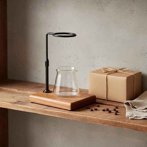 Sturdy Walnut Pour Over Coffee Stand With 360 Rotating Aluminum Arm Universal Dripper Holder on kitchen shelf.