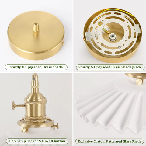 White Pleated Ceramic Shade Brass Vintage Pendant Light With Adjustable 59 Inch Chain For Kitchen Island Dining Room Hallway includes E26 socket and brass details