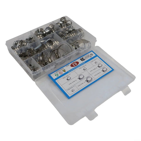 Awesome Heavy Duty Stainless Steel Hose Clamp Kit With 82 Pieces, Perfect For Car Truck Boat Plumbing Jobs Sizes From Quarter Inch To One And A Half Inch Worm Gear Clamps That Won T Rust Or Bend. Plastic case with stainless steel hose clamps, 6mm to 38mm