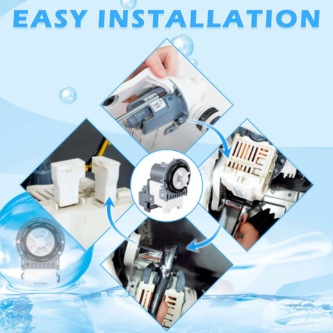 Washer drain pump kit (gray plastic) for Samsung WA4/WA5/WF2-WF5 series, shown with installation steps.
