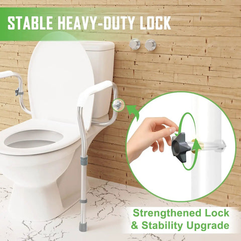 Rock Solid Adjustable Aluminum Toilet Safety Rail For Seniors Delivers Hella Stable Zero Stress Wall Mount shows heavy-duty lock upgrade.