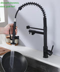 Boss Level Heavy Duty Commercial Style Kitchen Sink Faucet with Single Handle Pre Rinse Sprayer in use, matte black finish.