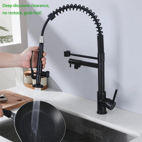 Boss Level Heavy Duty Commercial Style Kitchen Sink Faucet with Single Handle Pre Rinse Sprayer in use, matte black finish.