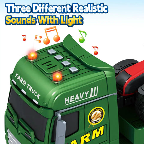 Close-up of 25 Inch Semi Flatbed Truck Toy Set with Two Tractors showing lights and sound features, ideal for kids 3 to 7.