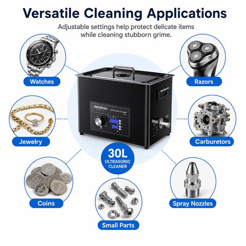 Ultrasonic Cleaner Machine 30L With Digital Heater Timer And Knob Control For Fast Pro Grade Heavy Duty 40KHz Deep Cleaning Of Car Parts Like Carburetors Spray Nozzles And Small Components Degassing Mode, for watches and small parts