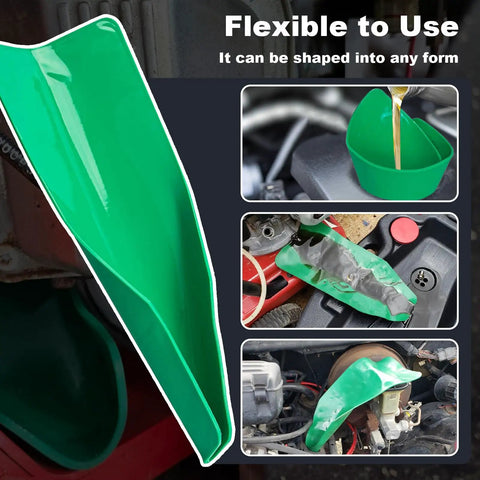 Flexible Foldable Oil Change Funnel For Automotive Use Bendable Draining Tool That Prevents Spills shown in various shapes