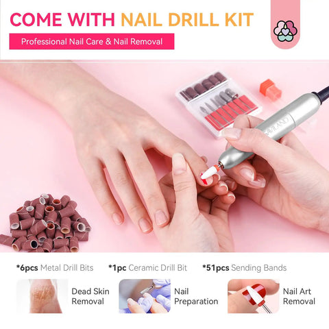 Acrylic Nail Kit With Drill For Beginners All In One Gel Nail Set With UV Light, showcasing nail drill and accessories in use.