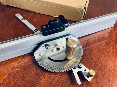 Rock Solid Upgraded Miter Gauge With 27 Tight Angle Stops And Smooth Adjustable Aluminum Head For Table Saw Crosscuts Router Tables Band Saw Bullseye Precision Jig Silver Pro Woodworking Accessory on wooden surface.
