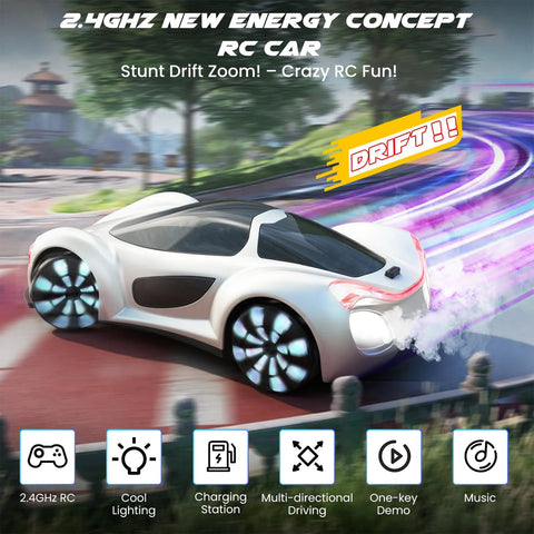 Front view of white SIMREX gesture-sensing RC car with charging dock and blue LED-lit wheels.