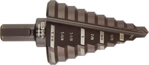 Step Drill Bit 1/4 To 1-3/8 Inch Dual Flute Black Oxide Coated 3/8 Inch Shank For Electric Drills Metal Plastic Wood Milwaukee 48-89-9205 Pro Grade Heavy Duty Bit showing size markings