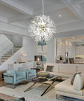 Chrome Modern Crystal Chandelier Firework Pendant Light With Bubble Crystal Orbs in a stylish living room setting.