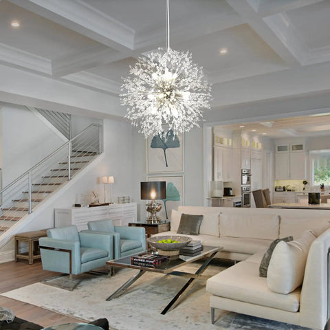 Chrome Modern Crystal Chandelier Firework Pendant Light With Bubble Crystal Orbs in a stylish living room setting.