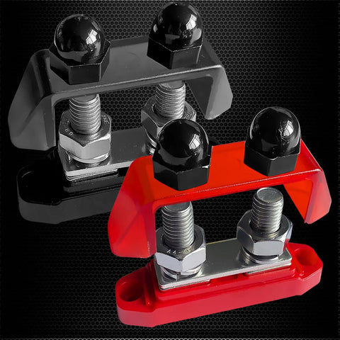 Ridiculously Strong 3/8 Power Distribution Block Bus Bar Offering Dead Serious Two Hundred Fifty Amps And Dual M10 Studs in black and red colors