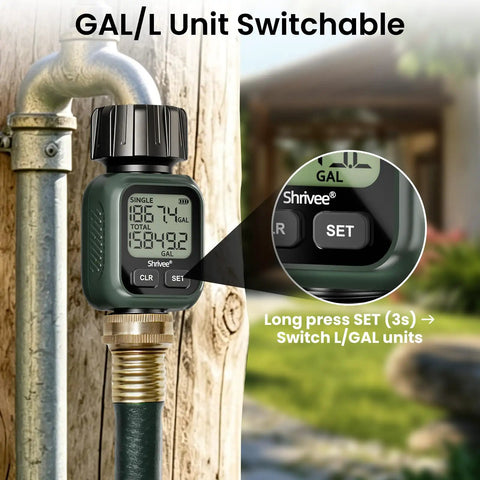 Water Flow Meter With Brass Inlet, Accuracy Within Five Percent, 4 Measurement Modes, Gallon And Liter Consumption And Flow Rate For Garden Hose Setups, Lawn Sprinkler, RV Water Tank Fill, Nozzle Sprayer, Green with L/GAL switch