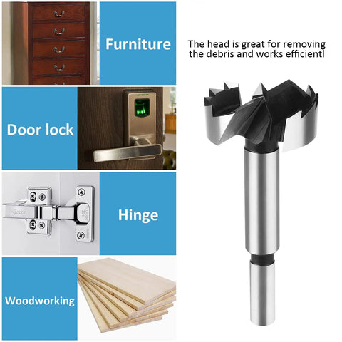 Top Notch One And One Eighth Inch Forstner Bit for wood drilling displayed next to furniture, door lock, hinge and plywood.