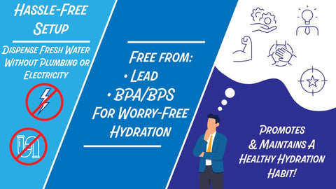 Stainless Steel Water Dispenser 2.2 Gallon Single Dispenser info graphic hassle-free setup no plumbing BPA/BPS free healthy hydration