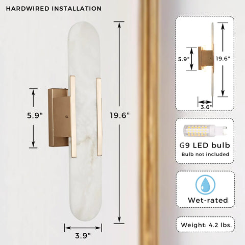 Backplate Sconce With Alabaster Shade Modern Bathroom Wall Light, sleek design, thick backplate, gold finish, G9 LED compatible