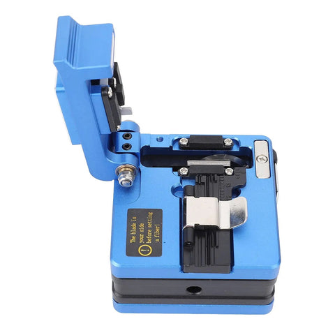 Aramox Pro Optical Fiber Cleaver High Precision Cutter For 0.25mm And 0.9mm Ftth Cables With Universal Fixture, blue aluminum design.