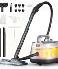 Heavy Duty Handheld Steam Cleaner And Mop With 293 Degrees Heat And 50 Oz Tank Featuring 21 Attachments for homes and cars.