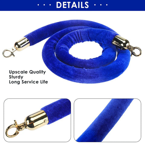 Blue Velvet Stanchion Rope With Polished Gold Hooks 4 Pack Crowd Control Barrier Ropes Durable Velvet Queue Barriers