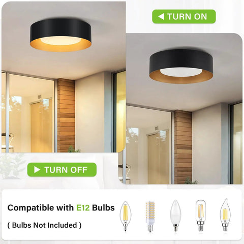 Modern Black And Gold Flush Mount Ceiling Light With Glass Drum Shade in on and off mode