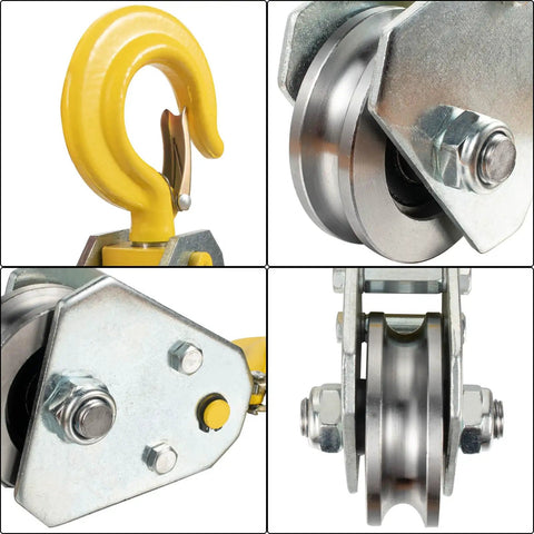 1 Ton Heavy Duty Pulley Hook Block Hoist With Hook For Five Eighth Inch Wire Rope Snatch Block Beefy Dual Bearing Roller System 66mm Wheel Diameter Handles Up To 16mm Rope Supports 2204 Lb Lifting, yellow hook and steel wheel
