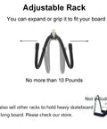 Four Pack Adjustable Skateboard Wall Mount Racks with hardware, supports up to 10 pounds, shown without board, great for vertical display.