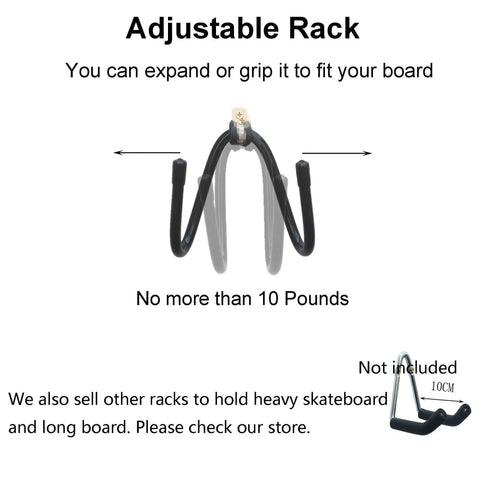 Four Pack Adjustable Skateboard Wall Mount Racks with hardware, supports up to 10 pounds, shown without board, great for vertical display.