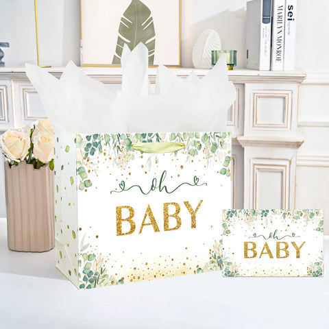 13 Inch Large Baby Gift Bag For Baby Shower Or Birthday With Sturdy Handle Includes Tissue Paper And Greeting Card In Vibrant Green Unisex Design Perfect For Wrapping Gifts For Baby Boy Or Girl At Parties.