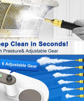 Quick Heat 10S Handheld Steam Cleaner, Chemical-Free Portable Steamer For Car, Grout, Tile, And Kitchen with adjustable nozzle cleaning grease.
