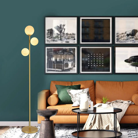 Moon Globe Floor Lamp With 3 Lit Orbs, Modern Gold Tall Floor Lamp for Living Room with 67 Inch Metal Stand next to sofa.