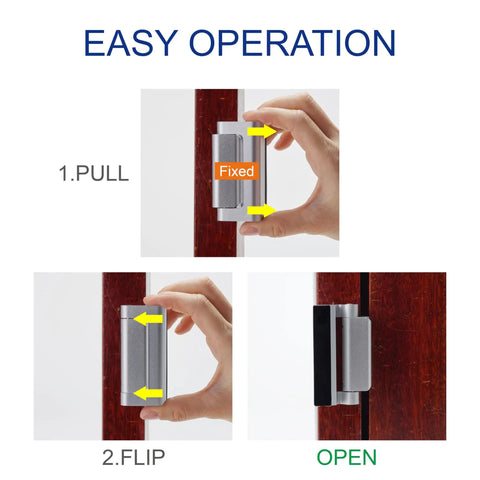 Two Pack Front Door Reinforcement Lock Kit With Upgraded Latch That Withstands 800 Pounds Of Force Prevents Unauthorized Entry Easy To Install Ideal For Solo Living And Solid Home Protection, showing easy operation steps for installation