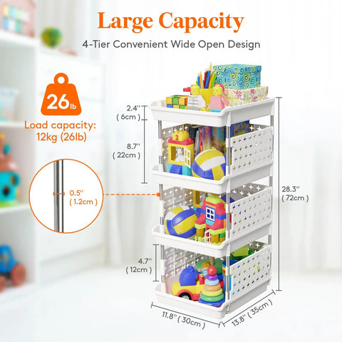 Four Tier Stackable Storage Bins For Kitchen Pantry RV And Home Organization With Dope Front Opening Design For Easy Viewing And Access Space Saving Bins For Clothes And Food White Finish 26 Lb Capacity 13.8 Inch Depth 11.8 Inch Width 28.3 Inch Tall