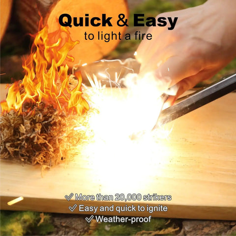 Demonstration of Six Inch Ferro Rod Fire Starter Kit With Paracord Lanyard Handle And Striker lighting a fire outdoors.