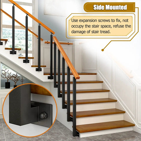 Badass Black Square Iron Stair Railing Spindles 10 Piece Set Side Mount Deck Banister Posts With Adjustable Bracket Rustproof Metal Balusters For Lofts Garages And Outdoor Concrete Steps on staircase with wooden steps.