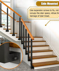Built Like A Tank Black Iron Stair Railing Spindles Side Mount Deck Banister Posts Rustproof Heavy Duty Handrail Balusters With Adjustable Mount Bracket For Front Porch Or Patio 10 Piece Set on staircase with wooden steps.