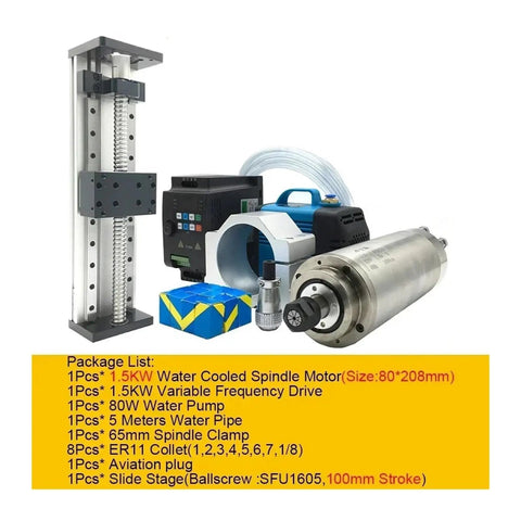 Heavy Duty 1.5KW Water Cooled Spindle Z Axis Slide Stage Kit With 100MM Stroke And 220V Power Supply, includes spindle motor, pump.