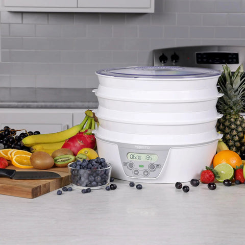 Smooth Operator Digital Electric Food Dehydrator With Stackable Trays, three stackable trays with assorted fruits and digital display.