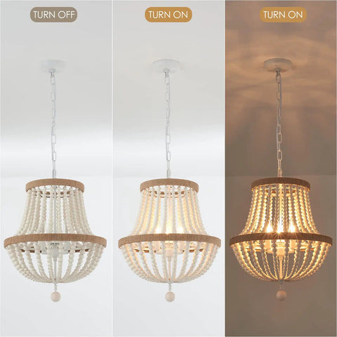 3 Light Boho Farmhouse Chandelier With Wood Bead Pendant Light Rustic Antique Hanging Fixture, lighting on and off views