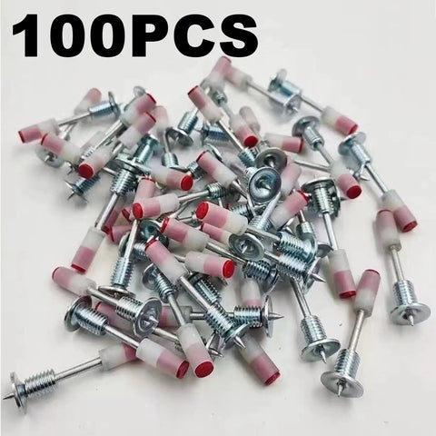Pro Grade Threaded Concrete Nails With M8 Nut Caps Hardcore Hammer Set Fasteners in a pile of 100 masonry anchors.