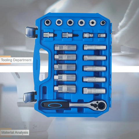 Beast 50 Piece Drive Shock Absorber Tool Kit With Go-Through Ratchet and sockets in blue case, top view