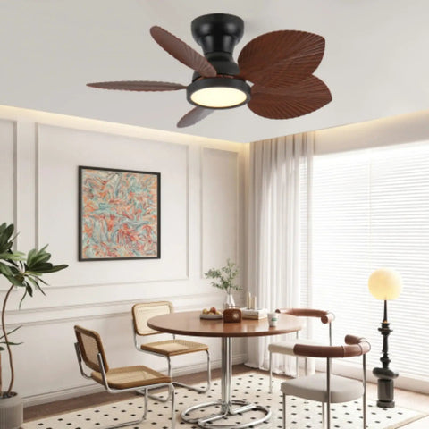 Yunstore Coveview Tropical-Style 30-Inch Ceiling Fan - 6-Speed Settings with palm leaf blades in a stylish dining area.
